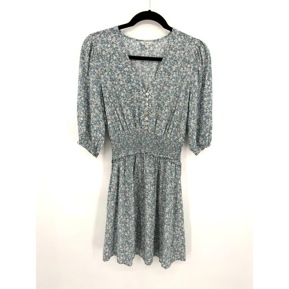 RAILS *Flawed* Blue Green Floral Smock Waist Puff Sleeve V-Neck Mini Dress Small